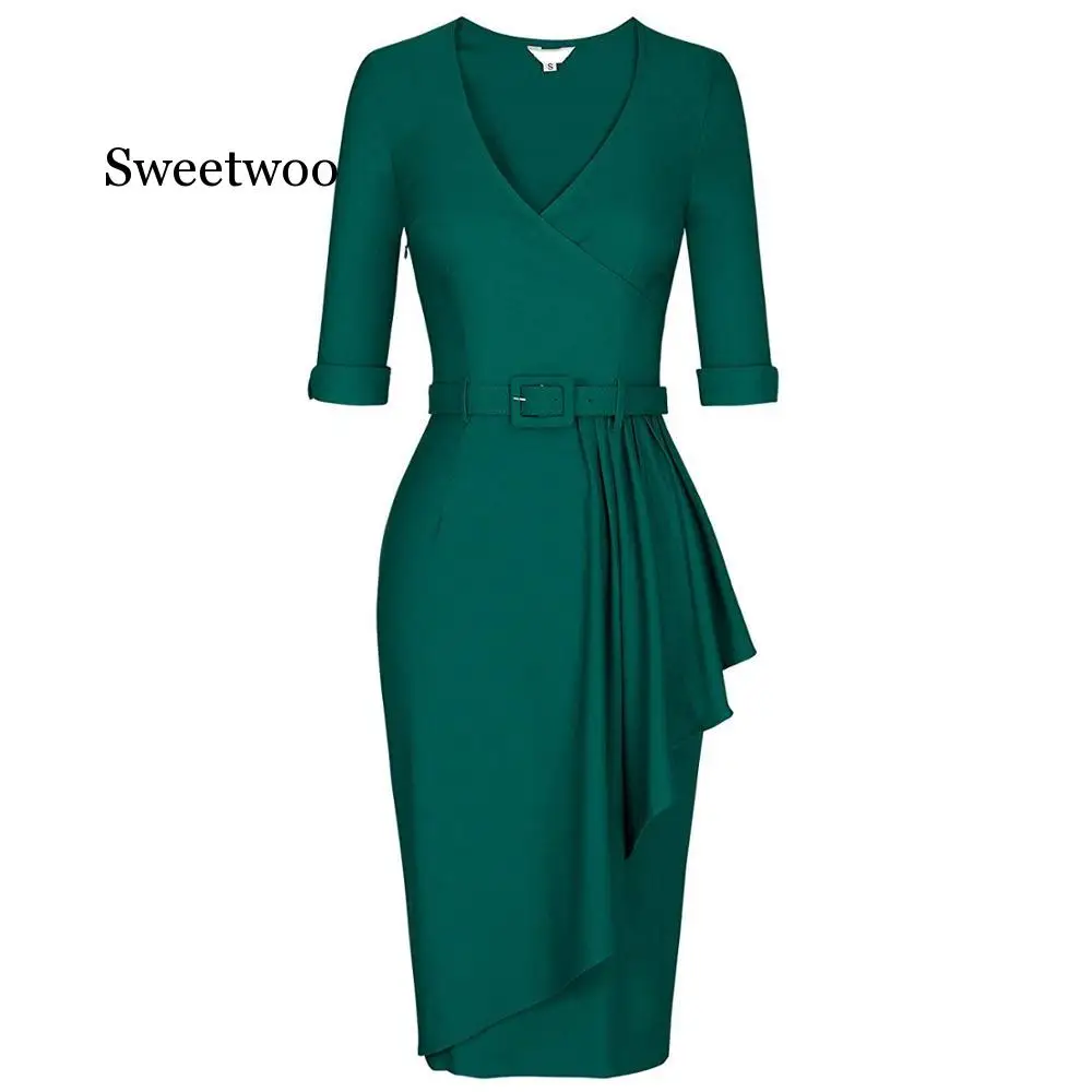 

Women's Vintage V Neck Belt Waist Ruffles Sheath Pencil Dress Ladies Retro Autumn Winter Business Casual Party Bodycon Dresses