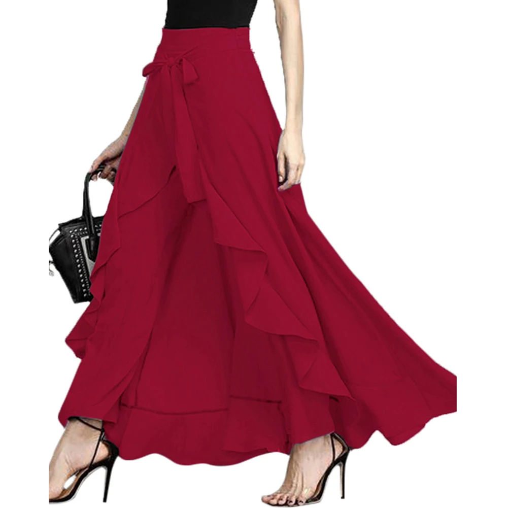 

Women High Waist Maxi Skirt with Irregular Hem, A-line Lace Up Ruffled Long Skirts for Summer
