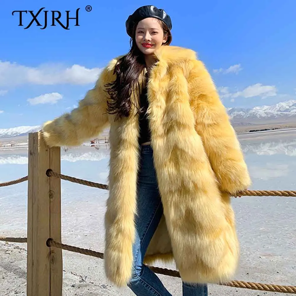 TXJRH стильная зеленая желтая пушистая шуба из искусственного лисьего меха с отворотом, пальто с карманами, зимняя теплая длинная куртка, Корейская женская верхняя одежда, топы