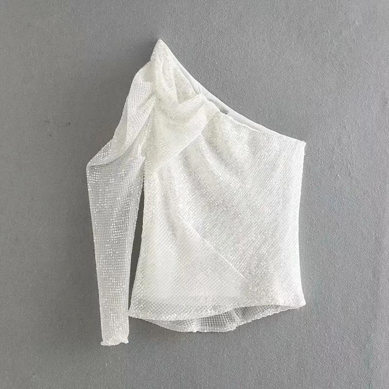 ZA Women Sexy One-shoulder Tops Fashion Shirt Multi Style Sequined Shiny Short Sling Vest New Temperament Party Nightclub