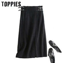 Зимние черные фланелевые Юбки миди для девушек, офисные прямые юбки с пряжкой и поясом, женские юбки с высокой талией