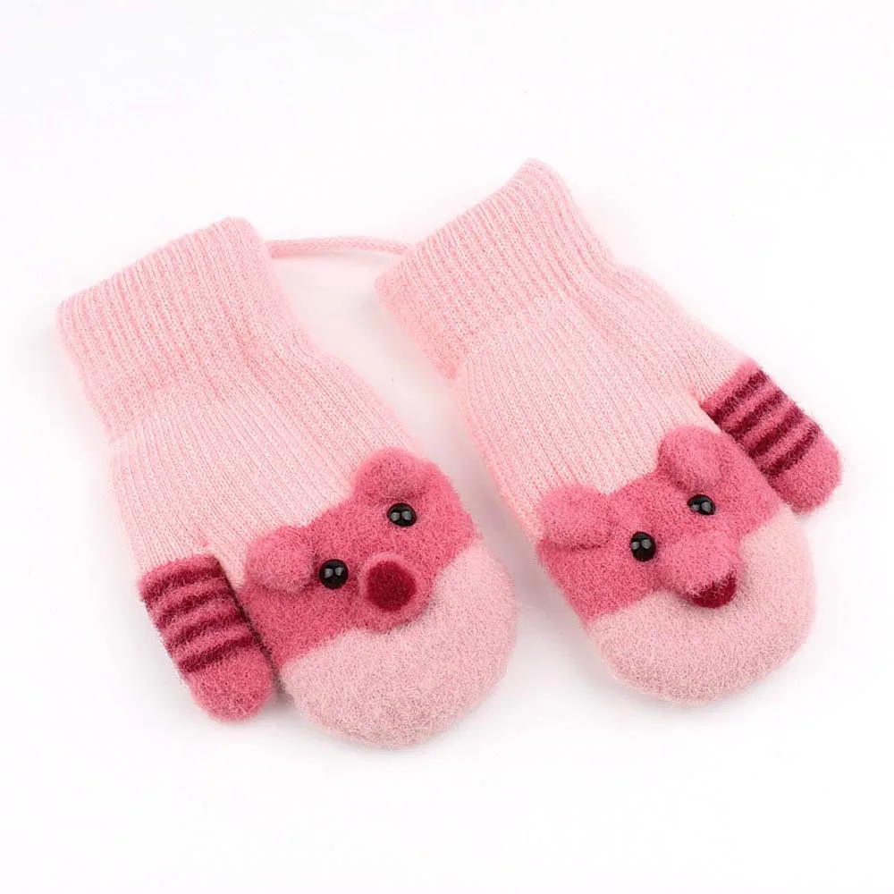 pink Милые детские перчатки с героями мультфильмов, зимние вязаные акриловые варежки для новорожденных, толстые детские теплые варежки для девочек - Цвет: pink