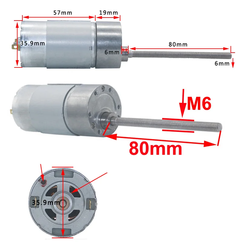Длинные переплетенную шахту M6* 80 мм Электрический DC мотор-редуктор 12V 24V с большим вращающим моментом в DC мотор с низким 300/500/600 об/мин регулируемая Скорость заднего хода