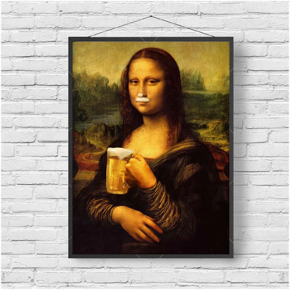 Настенное искусство Мона Лиза питьевое пиво украшение картина леonardo Da Vinci Смешные фигурки Куадрос Decoracion Dormitorio настенный холст