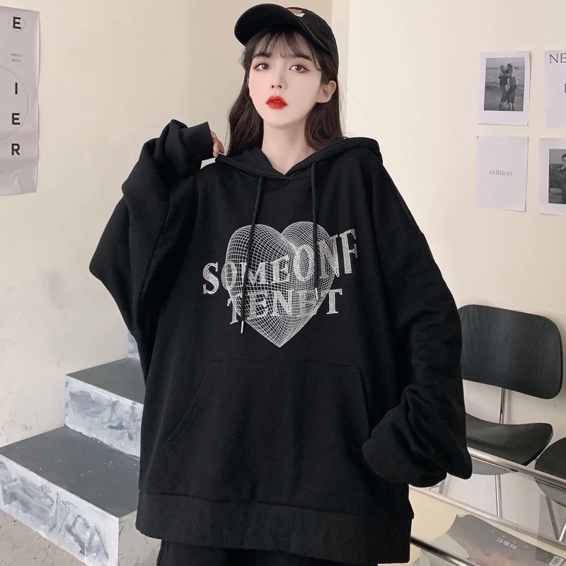 

Женские свитшоты в японском стиле Harajuku Ulzzang, винтажная популярная Толстовка Стразы с принтом Love, Женская Корейская одежда для женщин
