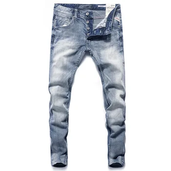 

Men Jeans Blue Color Slim Fit Buttons Denim Pants Italian Vintage Designer Brand Jeans Men Fashion Classical Street Jeans Homme
