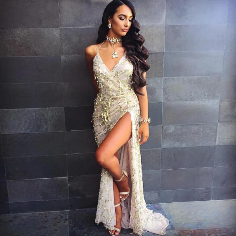 

Gold Sparkly Slit Evening Dresses Long Prom Gowns Sequins Spaghetti Strap V-neck Sexy Formal Party Dress