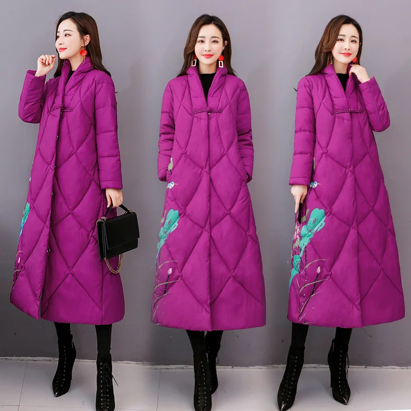 

Down Feather Cotton-padded Jacket Women's 2018 New Style Winter Medium-length Loose Waist Stand Collar Warm Coat Retro Thick Cot