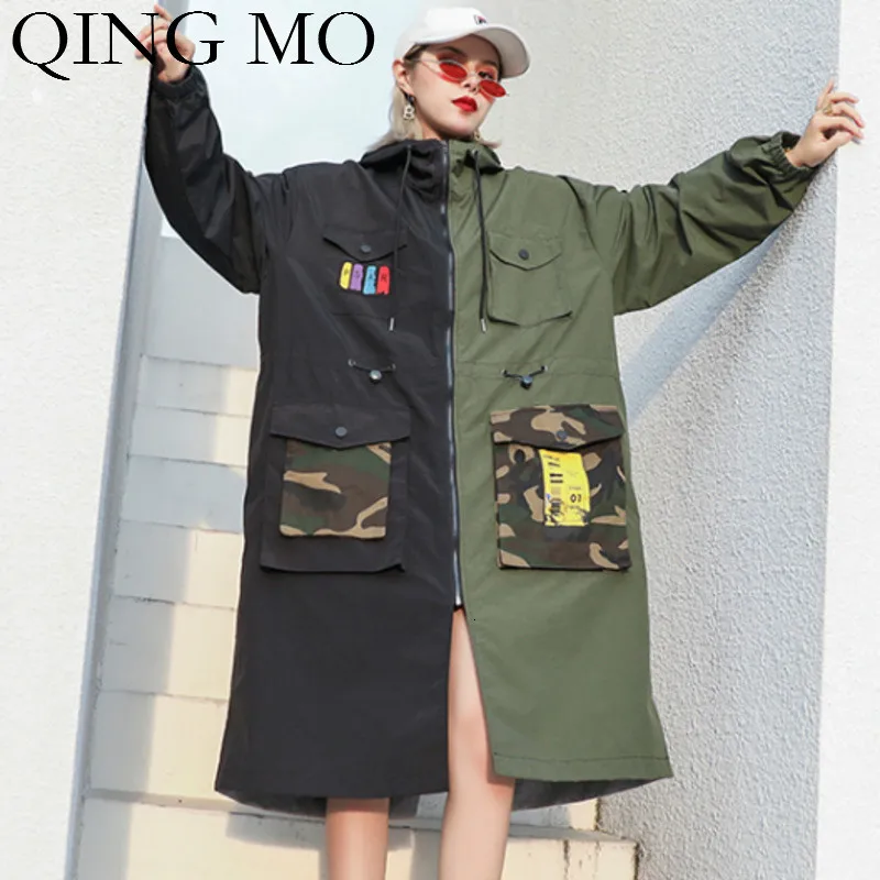 QING MO модное Брендовое пальто с буквенным принтом в стиле сафари, женское цветное пальто в стиле пэчворк, пальто с капюшоном с широкой талией, осень, ZQY1643