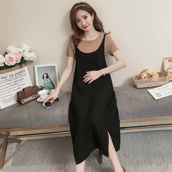 

1927# 2PCS/Set Summer Korean Fashion Maternity Long Dress Sexy Sweet Side Splits Sling Dress for Pregnant Women Pregnancy Shirt