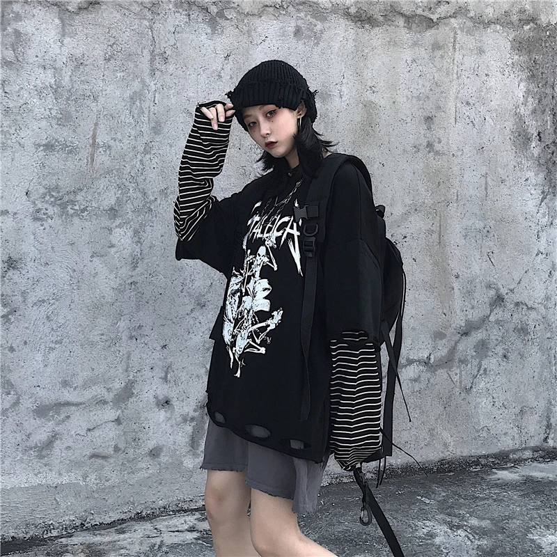 Woherb Harajuku Толстовка Женский черный Поддельные 2 шт. толстовки полосатый череп печати панк свободные женские рваные пуловеры Топы