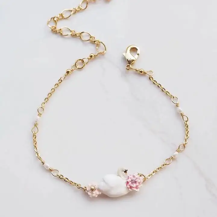 Роскошные Дизайнерские эмалированные глазурь Белый лебедь женские серьги-гвоздики ожерелье ювелирные изделия Вечерние - Окраска металла: bracelet