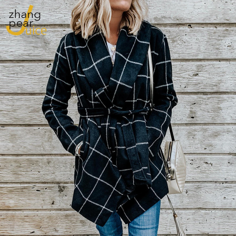 

Women's coats wool&blends women's belted Jackets Female Plaid Print Long Sleeve Wool Blends Coat Femme Outerwear