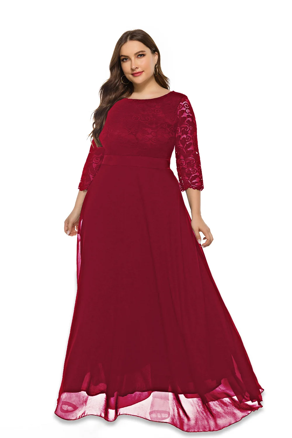Dresses For Women 2021 Elegant  Dress  Plus Size Hollow Lace Chiffon Stitching Round Neck Three-Quarter Sleeves High Waist Dress