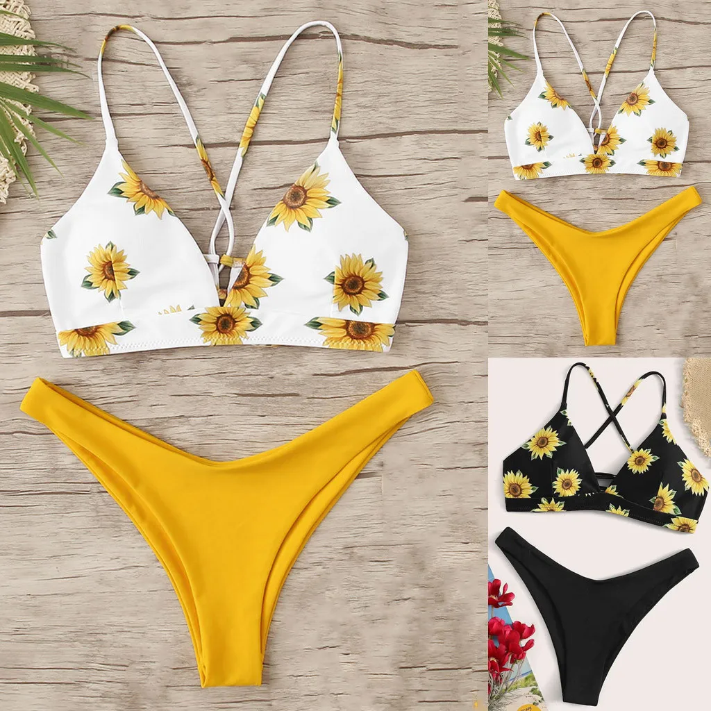 Conjunto de Bikini estampado de girasol para mujer, ropa de playa Sexy de dos piezas, traje de baño cruzado sin espalda, Bikinis con Push Up, ropa de baño|Conjunto de bikini| -