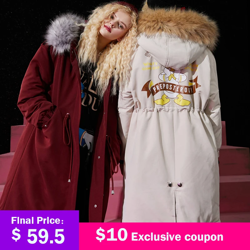 ELFSACK Cartoon Print Fur Collar Korean Warmness