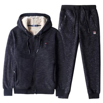 black blue 8XL, теплый костюм с капюшоном, мужской зимний спортивный костюм, утолщенный, Овечий торт, спортивная одежда большого размера, одежда для спортзала, для улицы, софтшелл, для бега, спортивный комплект - Цвет: black blue