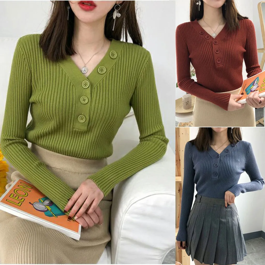 

Autumn Winter Button V Neck Sweater Knitted Fashion Womens Sweaters 2019 Winter Tops For Women Pullover Jumper Pull Femme Hiver