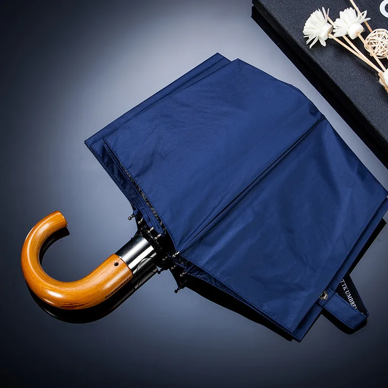 

Hot Selling Three Fold Wood Curved Handle Fully Automatic Open Close Umbrella Folding Automatic Open Umbrella