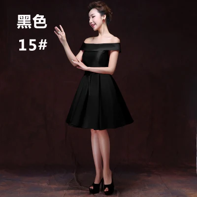 Черный Vestidos de fiesta de noche Новое атласное платье трапециевидной формы с открытыми плечами бордового, зеленого, королевского, синего, фиолетового цвета, цвета шампанского, короткое платье подружки невесты - Цвет: Черный