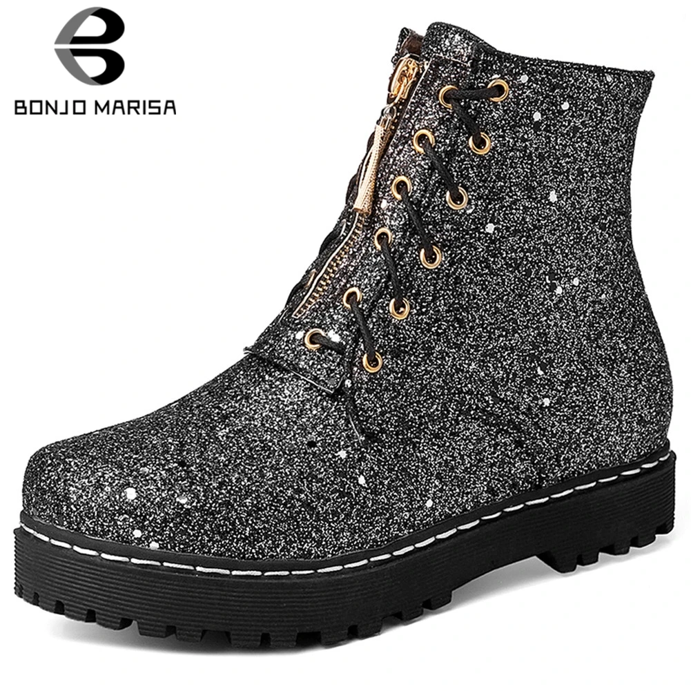 

BONJOMARISA 2019 Plus Size 30-52 Lace Up Ankle Boots Woman Shoes Zip Up Platform 3 Colors Autumn Winter Shoes Women Boots