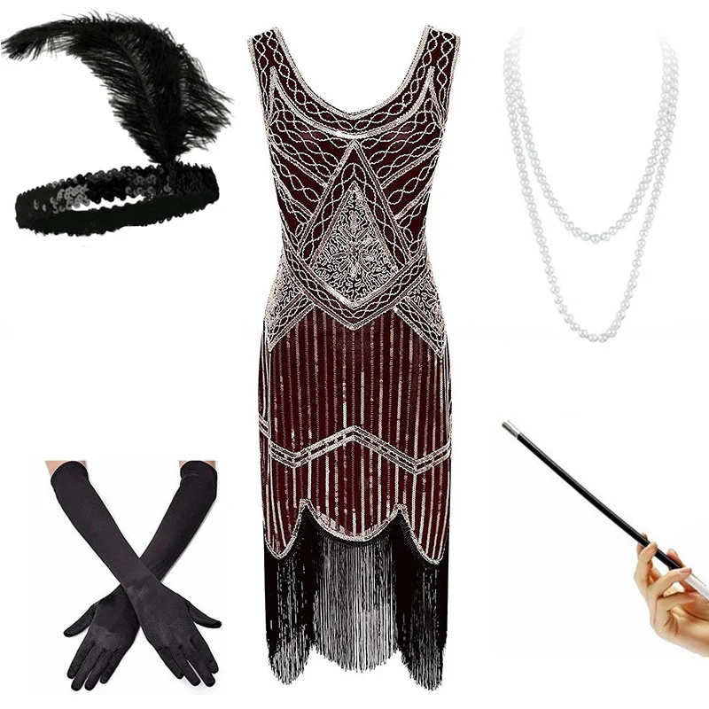 Платья большого размера плюс 4XL Great Gatsby женские Хлопушка 1920s блесток бисером бахромой платье w/Набор аксессуаров XS-XXXXL
