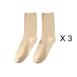 Elegant Retro Solid Color Long Cotton Socks for Women - 3 Pairs/Lot, Breathable Japanese Style Casual Wear (Beige)