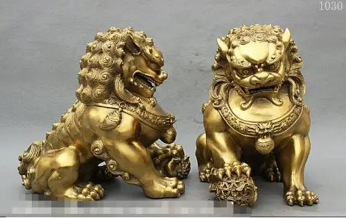 YM 305 1" Китайский дворец Фэншуй Чистая латунь Guardion Fu собака злой Статуя Льва пара