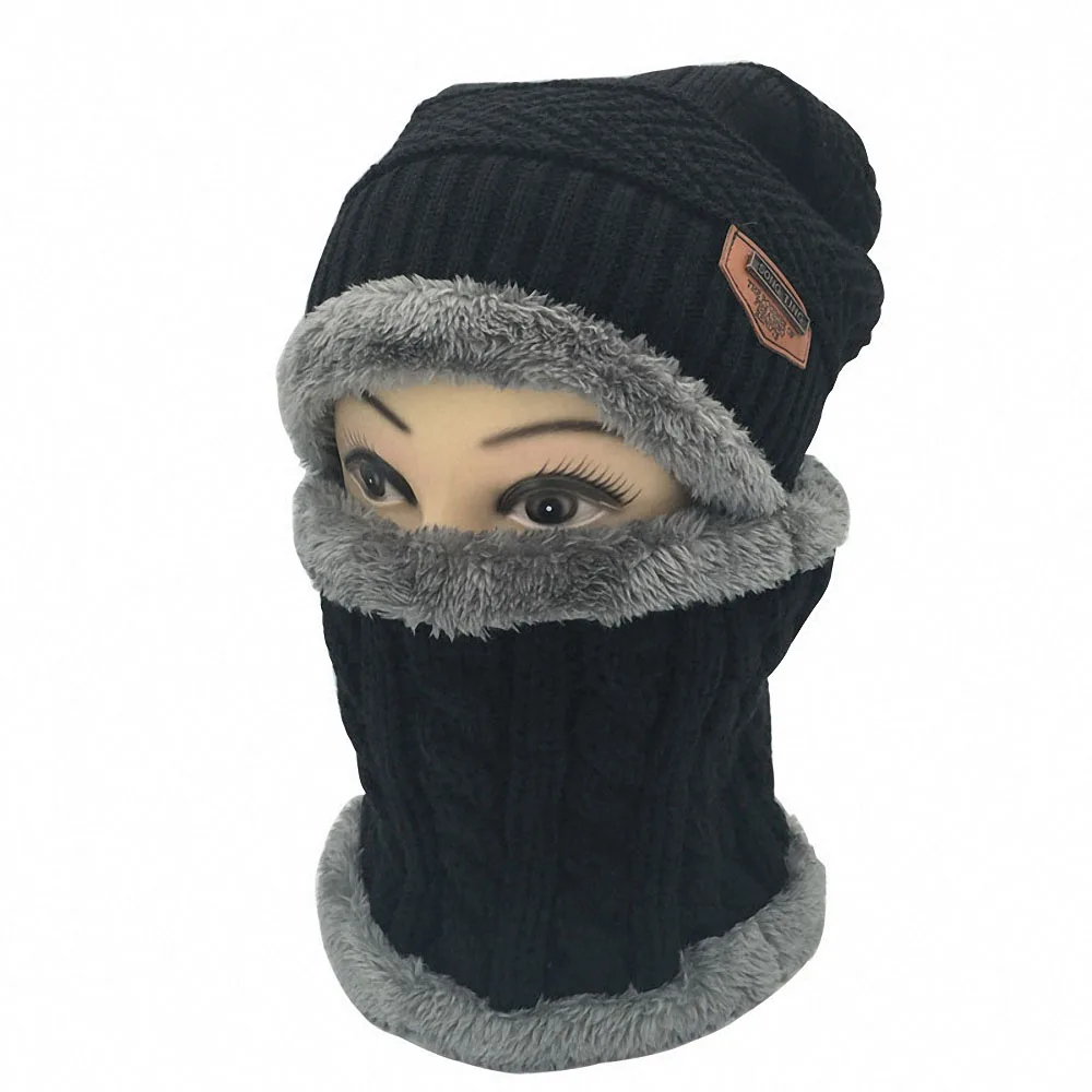 Новинка, зимняя вязаная шапка, шарф, набор, для мужчин и женщин, шапочки, шапка с флисовой подкладкой, эластичная шапка, шарфы, для улицы, ветрозащитная, утолщенная, теплая, наборы - Цвет: Черный