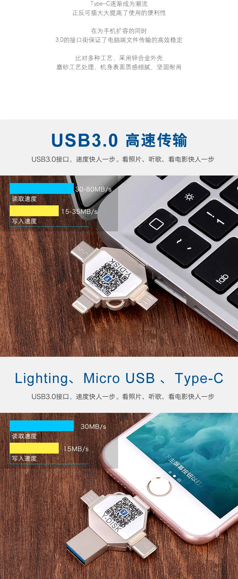 Крест U диск для мобильного телефона для Apple, Android Тип-C компьютера USB3.0 с высоким уровнем Скорость четырех-в-одном Поддержка карт флеш-накопителей изготовления на заказ