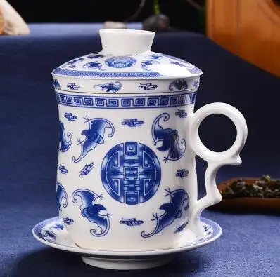 Ретро Китайский Синий и белый фарфоровый чайный набор с блюдцем крышкой заварка 350 мл керамическая чашка с чайным фильтром - Цвет: 04