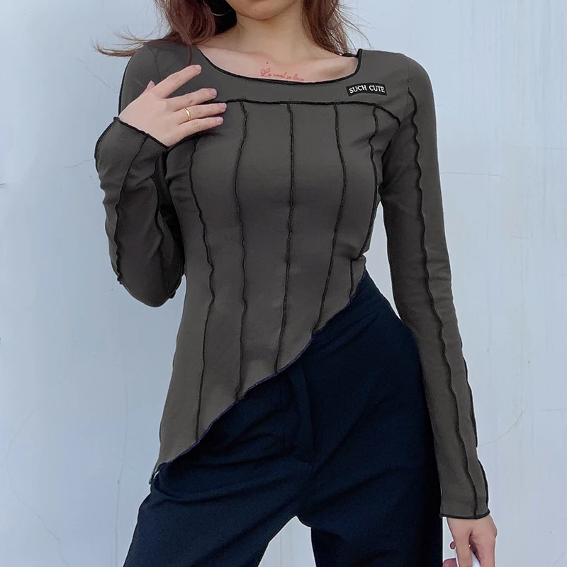 Reverse Stripe Irregular Women's T-shirts Harajuku Vintage Cotton Long Sleeve Soft Crewneck Cute Crop Top Tees Korean Iamhotty