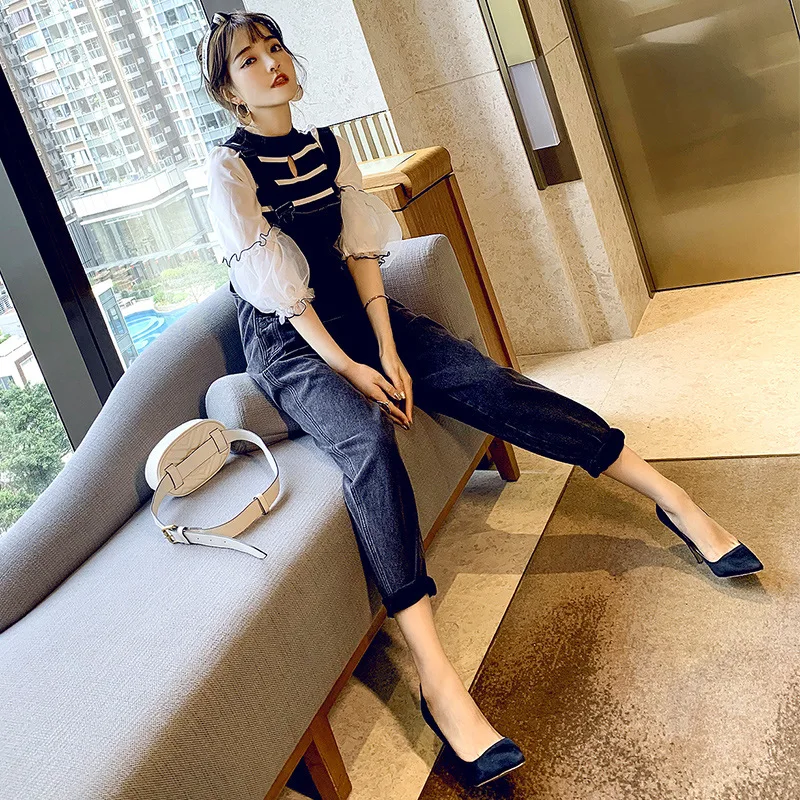 

Europe And America 2019 New Style WOMEN'S Dress Spring Clothing Fashion Knitted Joint Lantern Sleeve Tops + Shoulder Strap Jeans