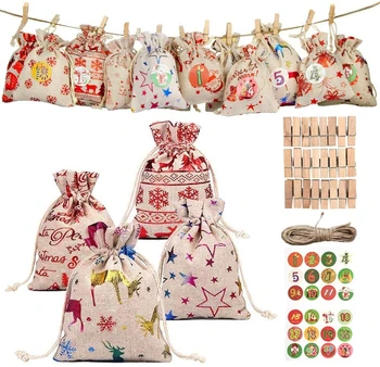 

24Pcs Christmas Drawstring Bags Bronzing Design Cotton Linen Gift Candy Pouches with Number Stickers Hemp Rope Clips 2 Size