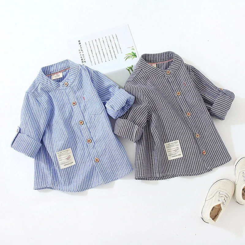 Spring Autumn 2 3 4 6 8 10 Years New Design MANDARIN COLLAR Long Sleeve Pocket Classic Striped Shirts For Kids Baby Boys