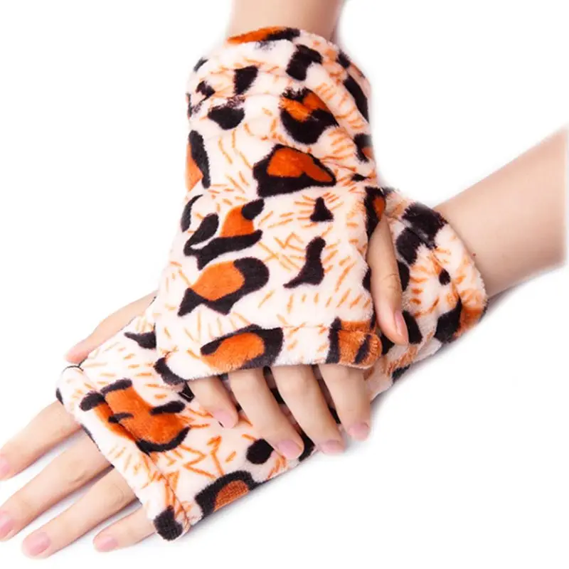 Унисекс Зимние толстые фланелевые перчатки без пальцев в полоску леопардовые тепловые перчатки для рук - Цвет: F