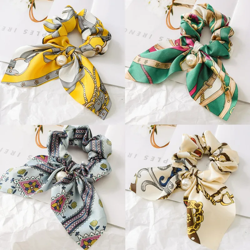 

Big Satin Knotted Bunny Ear Scrunchies Floral Printed Pearl Hair Ties Rope Circle Elastic Hair Band Women 3pcs Hair Accessories