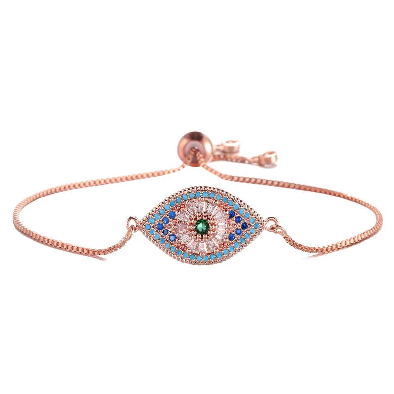 504-Rose Gold Новинка, модный турецкий золотой браслет со сглаза, браслет с фианитами, голубой глаз, золотой браслет на цепочке, Регулируемый Женский браслет для вечеринки, ювелирные изделия - Окраска металла: 504-Rose Gold