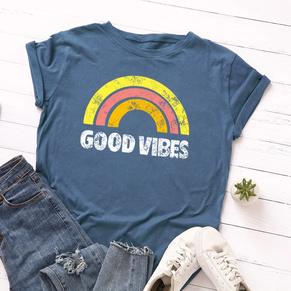 Женская футболка с принтом Good Vibes летняя свободная из 100% хлопка радужной графикой