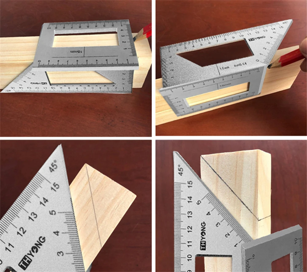 Aluminum Alloy Stainless Steel 45 + 90 Degree T-Shaped Wood Ruler