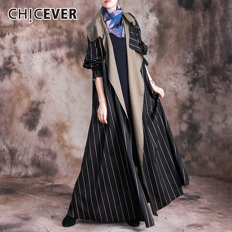 CHICEVER, повседневные, полосатые, популярные цвета, женские шерстяные пальто, воротник с лацканами, расклешенный рукав, большие размеры, длинное пальто для женщин, Осень-зима, Новинка