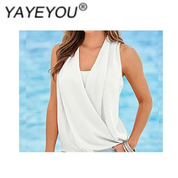 

YAYEYOU Solid color chiffon stitching knitted silk satin suit inside and outside wear cross V-neck sleeveless wild fashion light