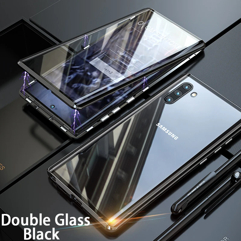 Металлический магнитный чехол для samsung S10 S10E S9 S8 плюс A10 A30 M20 M30 A5 Note 8, 9, 10, чехол Двусторонняя закаленное Стекло - Цвет: Black