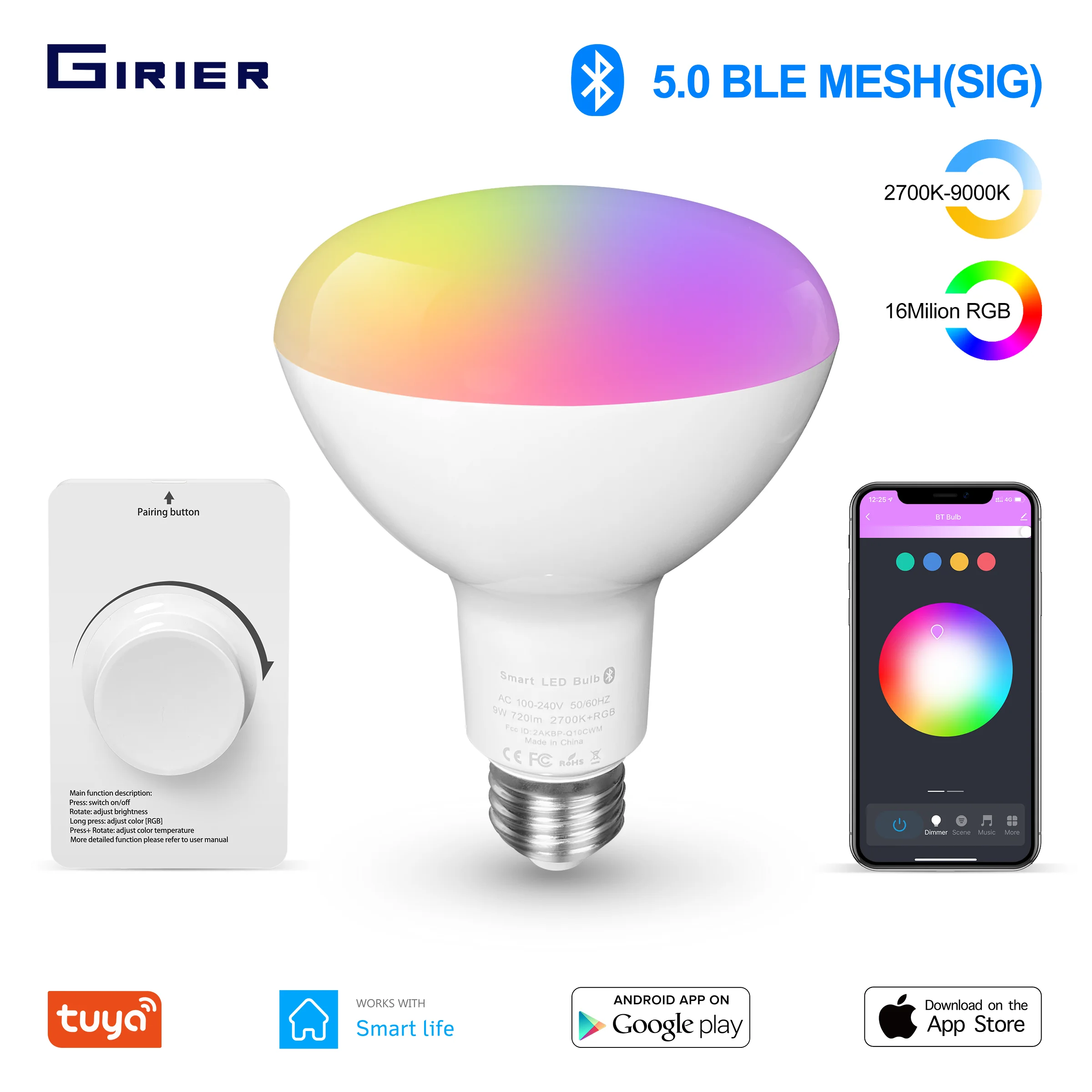 

Bluetooth LED Light Bulb Dimmable, RGB Color Change Sync Music Light Bulb E27 9W with Bluetooth Remote Support Tuya App Control