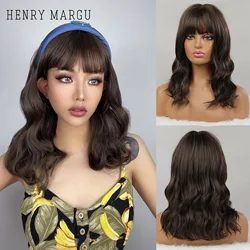 HENRY MARGU Medium Body Wave Synthetic Wigs with Bangs Natural Dark Brown Cosplay Daily Hair Wigs for Black Women Heat Resistant