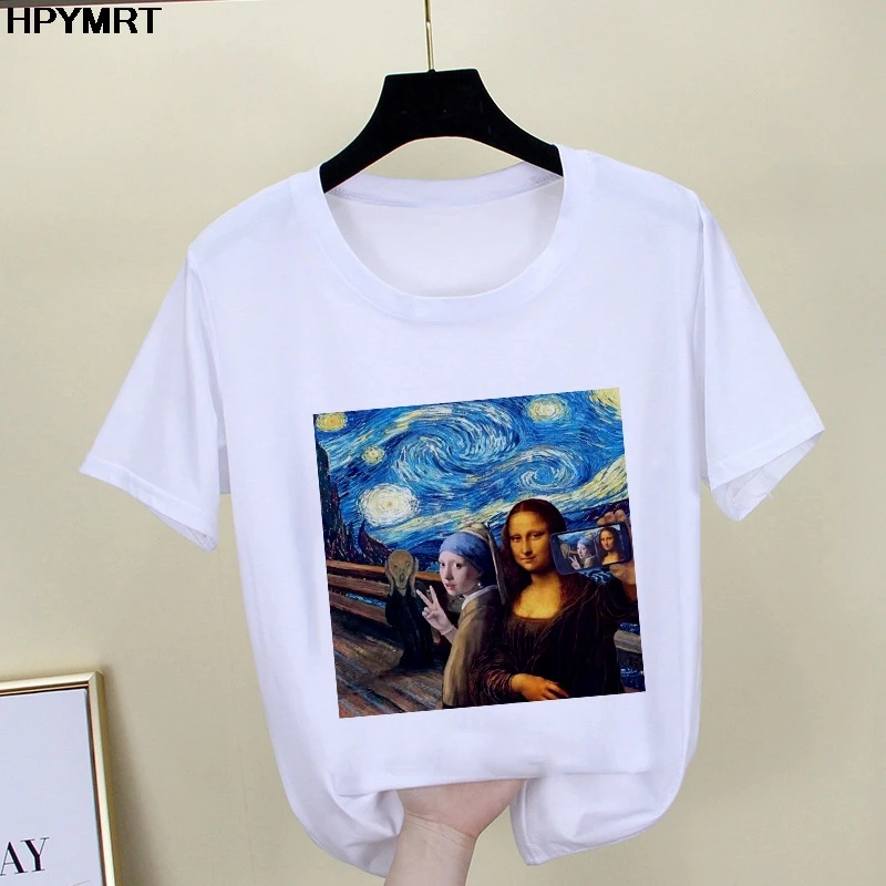 2020 New summer spoof Mona Lisa Print T Shirts Women aesthetics funny Tshirts Casual Short Sleeves Tops t-shirt Female Clothing