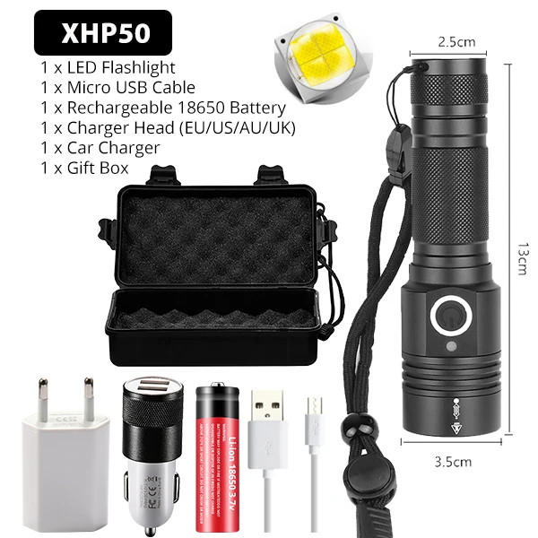 Package F Яркий светодиодный фонарь XHP50, тактический фонарь, USB Перезаряжаемый, Linterna, водонепроницаемая лампа, яркий фонарь, с батареей 18650 - Испускаемый цвет: Package F