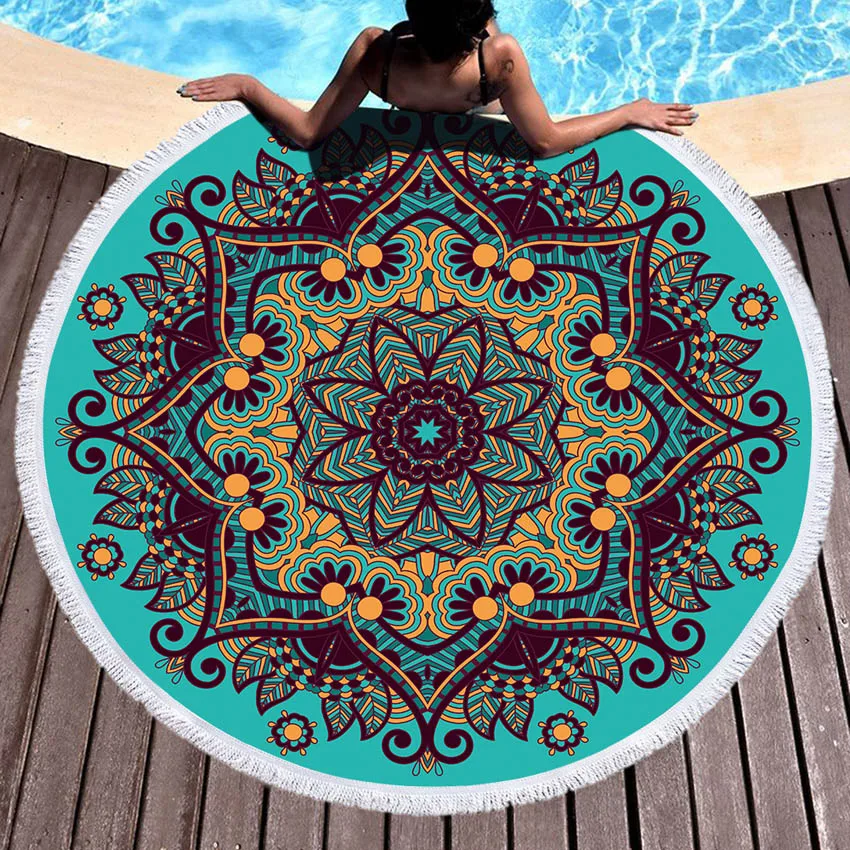Oriental Mandala Round Microfiber Beach Towel Yoga Blanket Swimming Bath Towel 