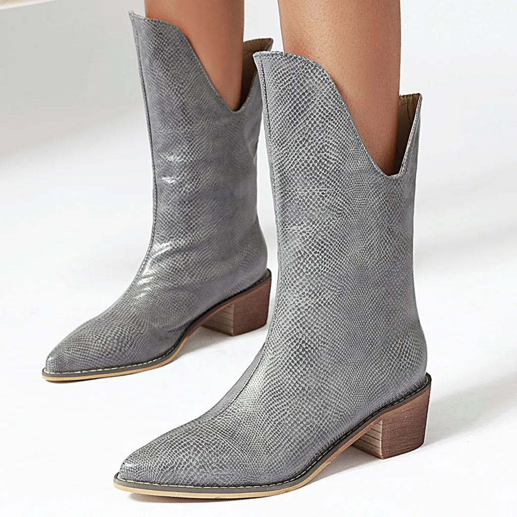 Solid Color Boots Women's Ladies Leisure Rome Large Size Slip-On Square Mid-heel Boot Shoes PU leather Booties zapatos de mujer
