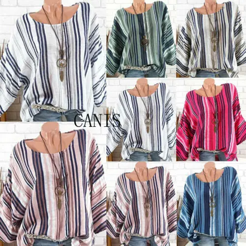 

2019 Newest Plus Size Women T-Shirt Tops Raglan Sleeve Cotton Linen Striped Baggy Tunic Top